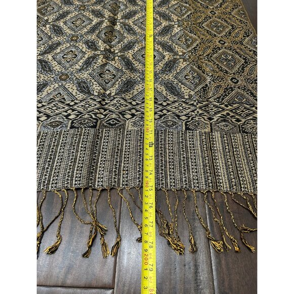 Pashmina Shawl Intricate Gold Black Geometric Patterns Fringe - Picture 7 of 8